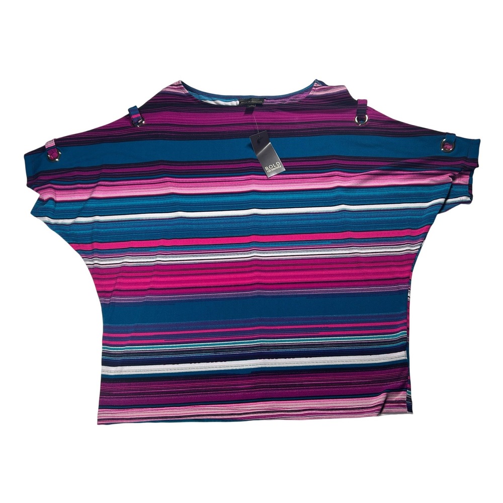 Bold Elements Top Women Large Striped Scoop Neck Eyelet Sleeve Dolman Sleeve NEW